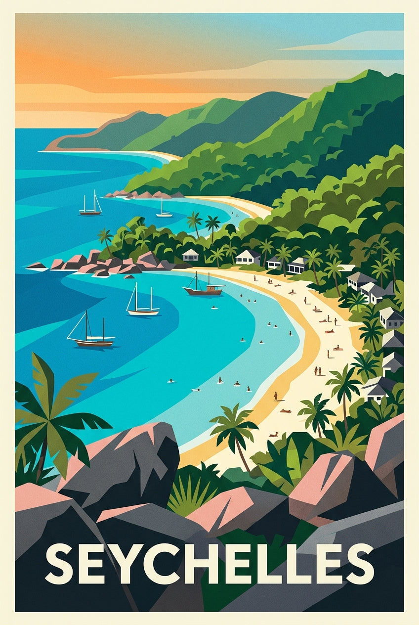Affiche des Seychelles, poster plage et palmiers | Afich
