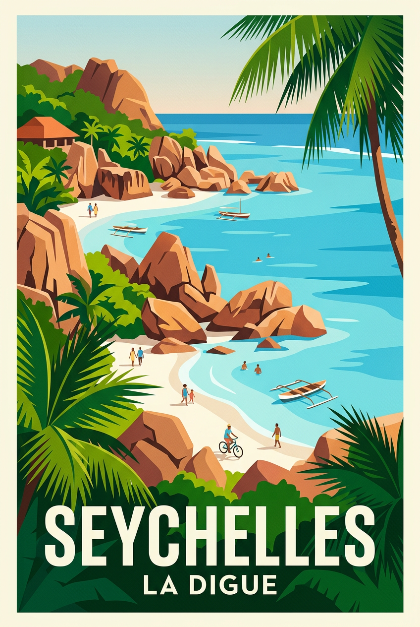Affiche des Seychelles, La Digue et rochers | Afich