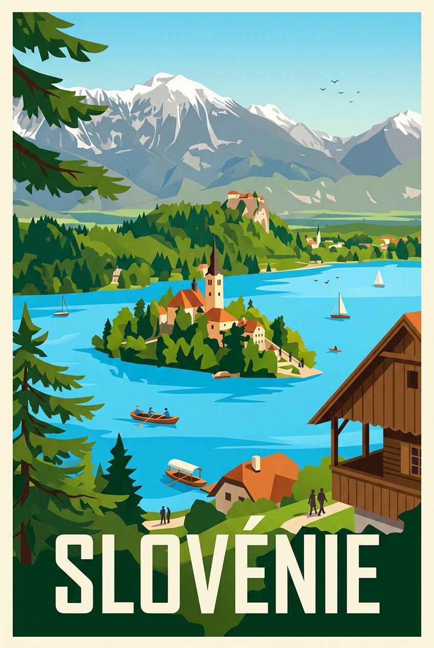 Affiche de Slovénie, Lac de Bled et montagnes | Afich
