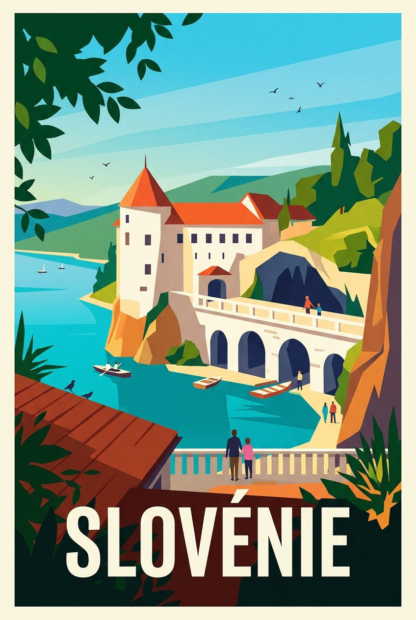 Affiche de Slovénie, château et lac | Afich