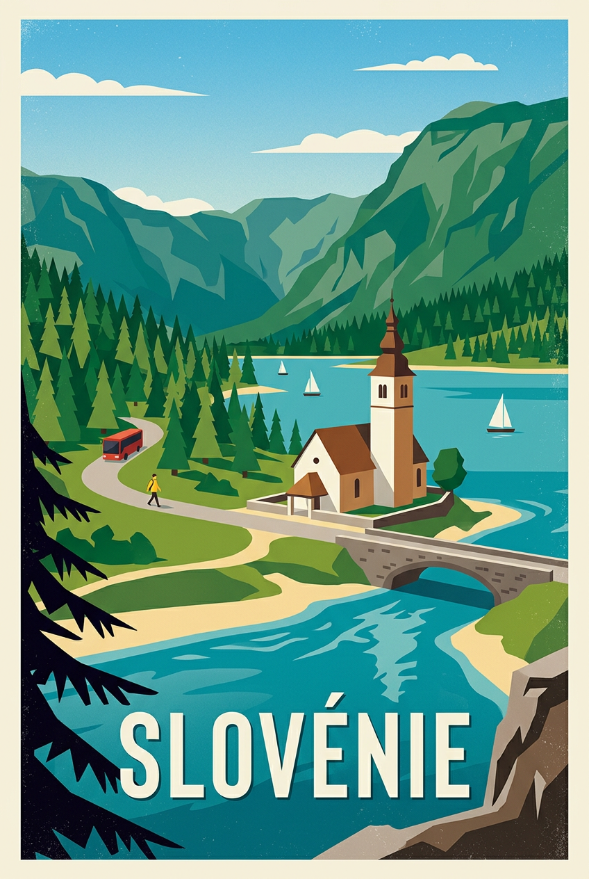 Affiche de Slovénie, église et montagnes | Afich