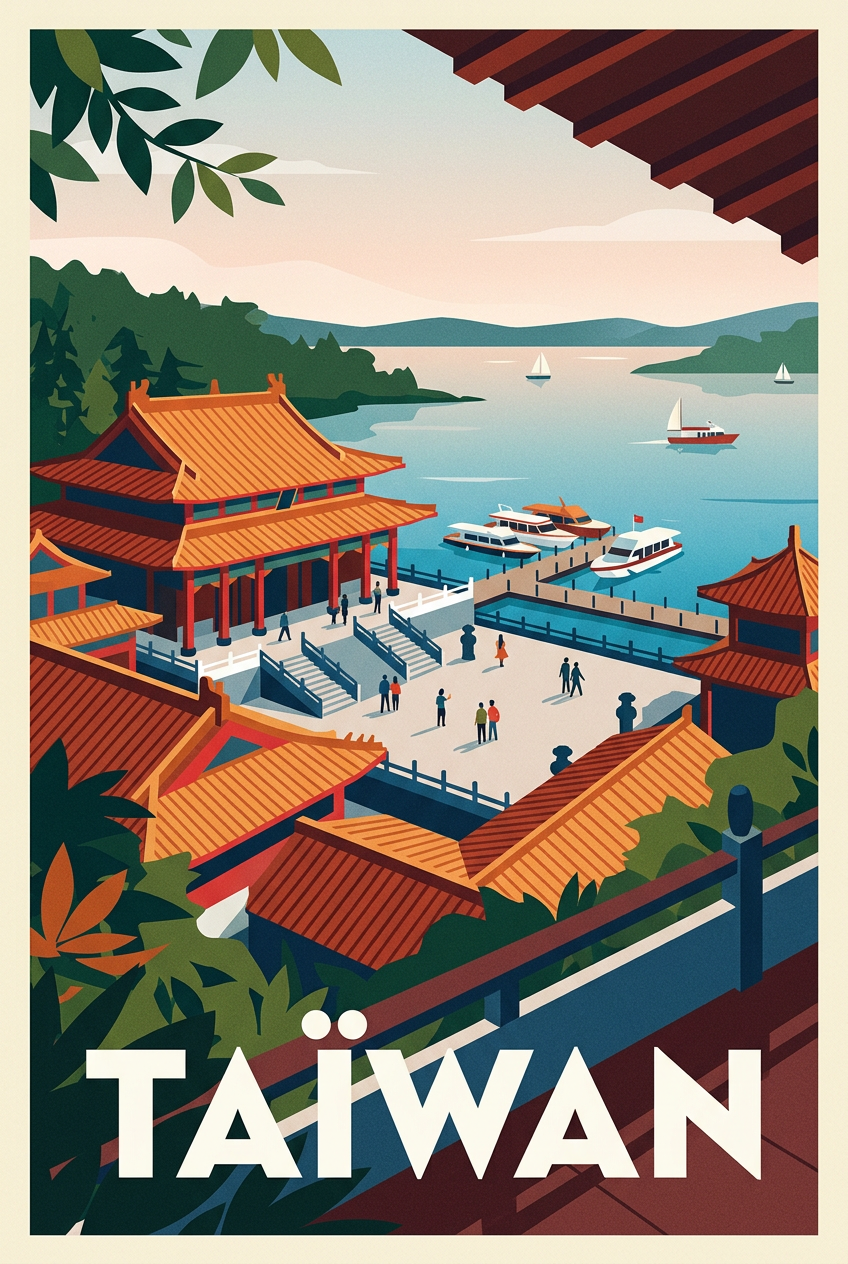 Affiche de Taïwan, temple au bord de l'eau | Afich