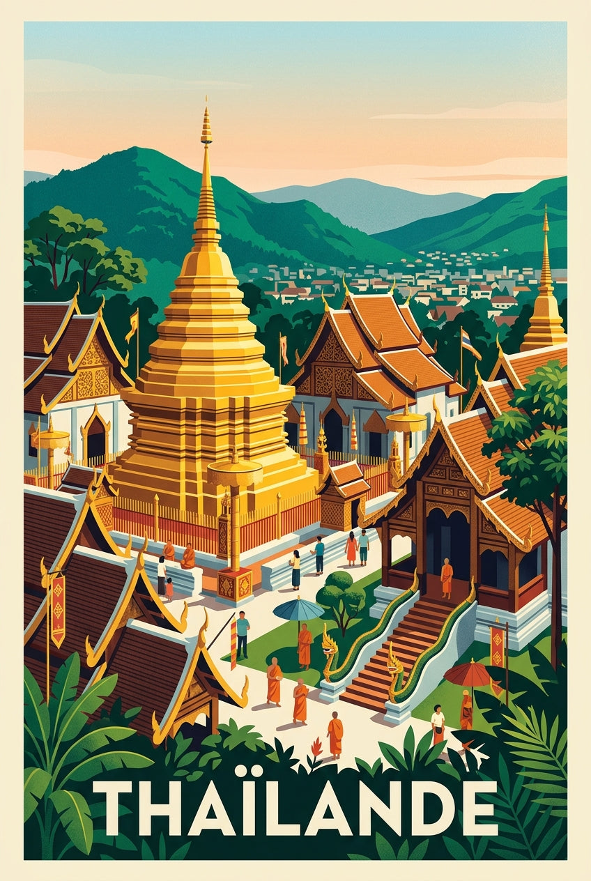 Affiche de Thaïlande, temple bouddhiste doré | Afich