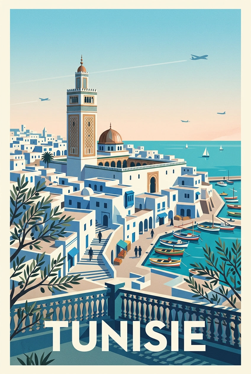 Affiche de Tunisie, poster minaret et port | Afich