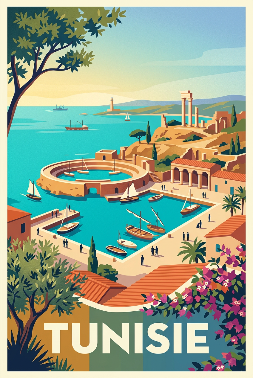Poster de la Tunisie, port et ruines antiques | Afich