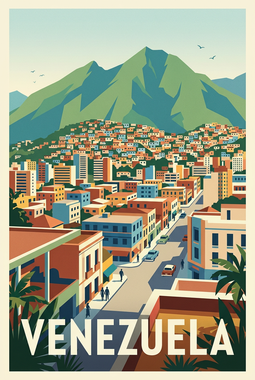 Affiche du Venezuela, ville colorée et montagne | Afich