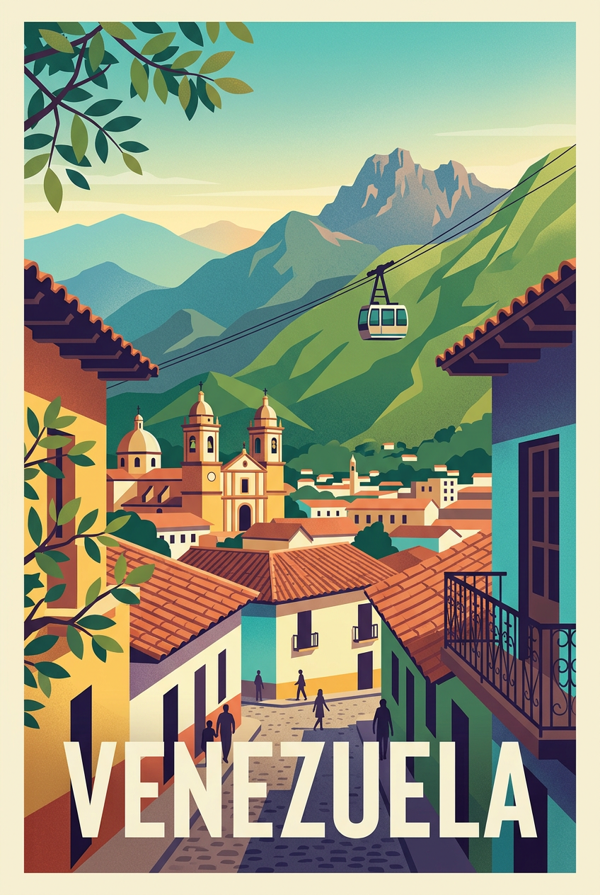 Affiche du Venezuela, poster ville de montagne | Afich