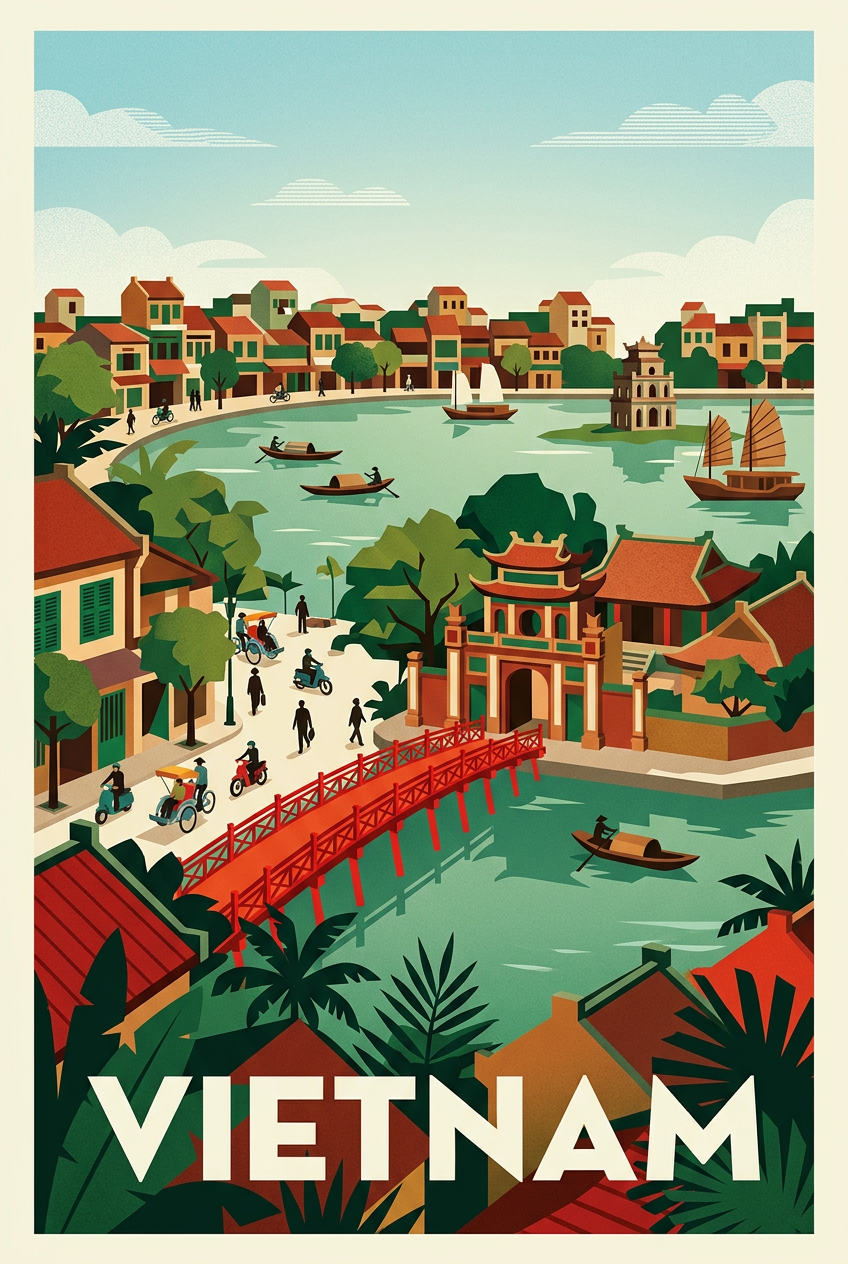 Affiche du Vietnam, poster pont rouge et lac | Afich