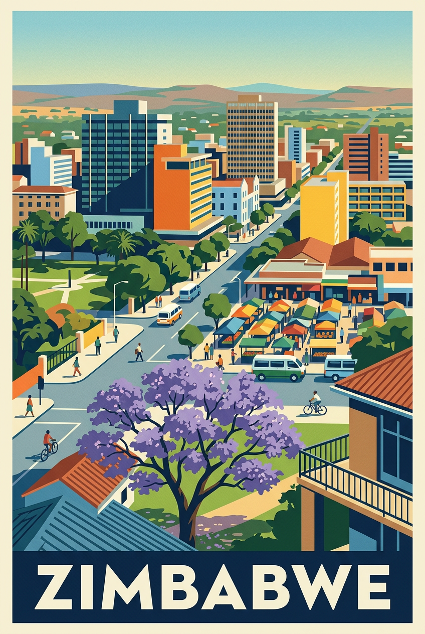 Affiche Zimbabwe, poster ville et jacaranda | Afich