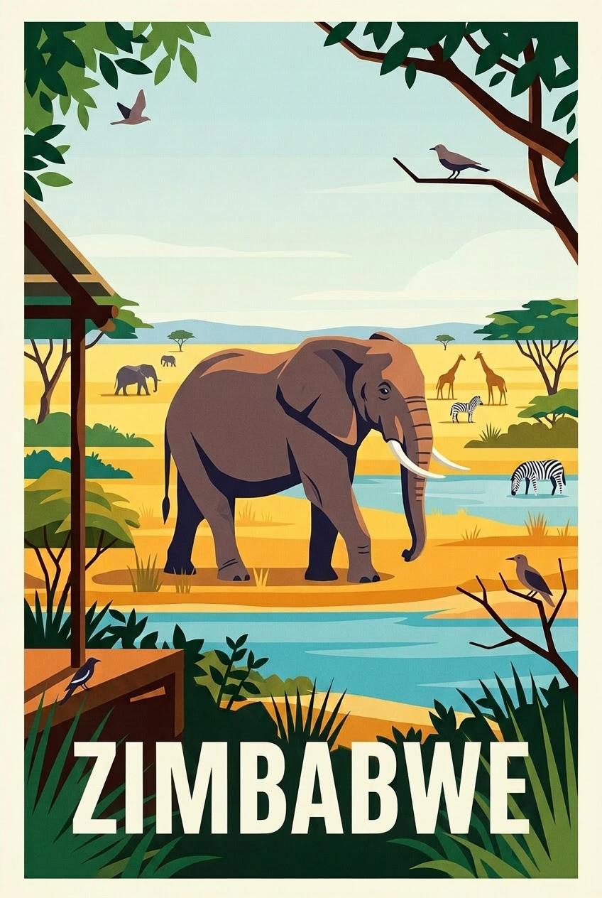 Affiche du Zimbabwe, poster savane et animaux | Afich