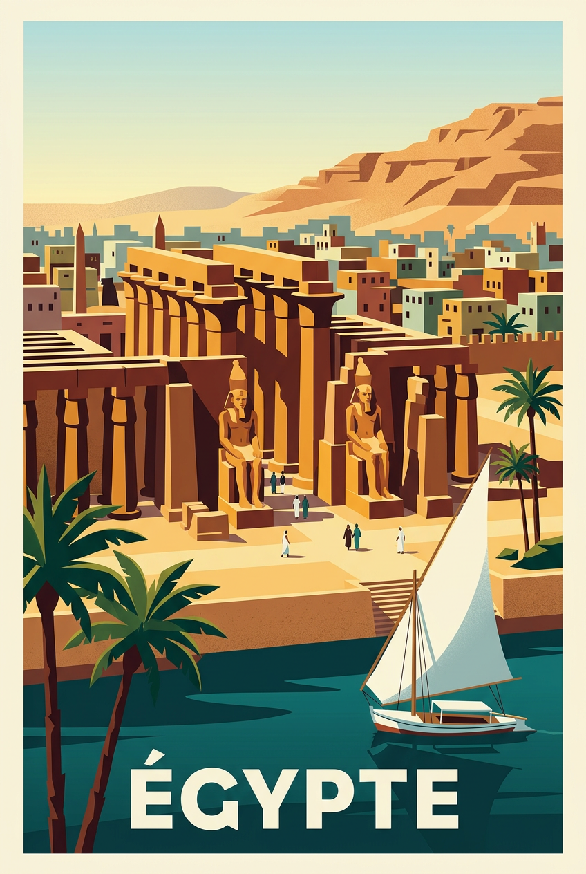 Affiche d'Égypte, temple de Louxor et felouque | Afich