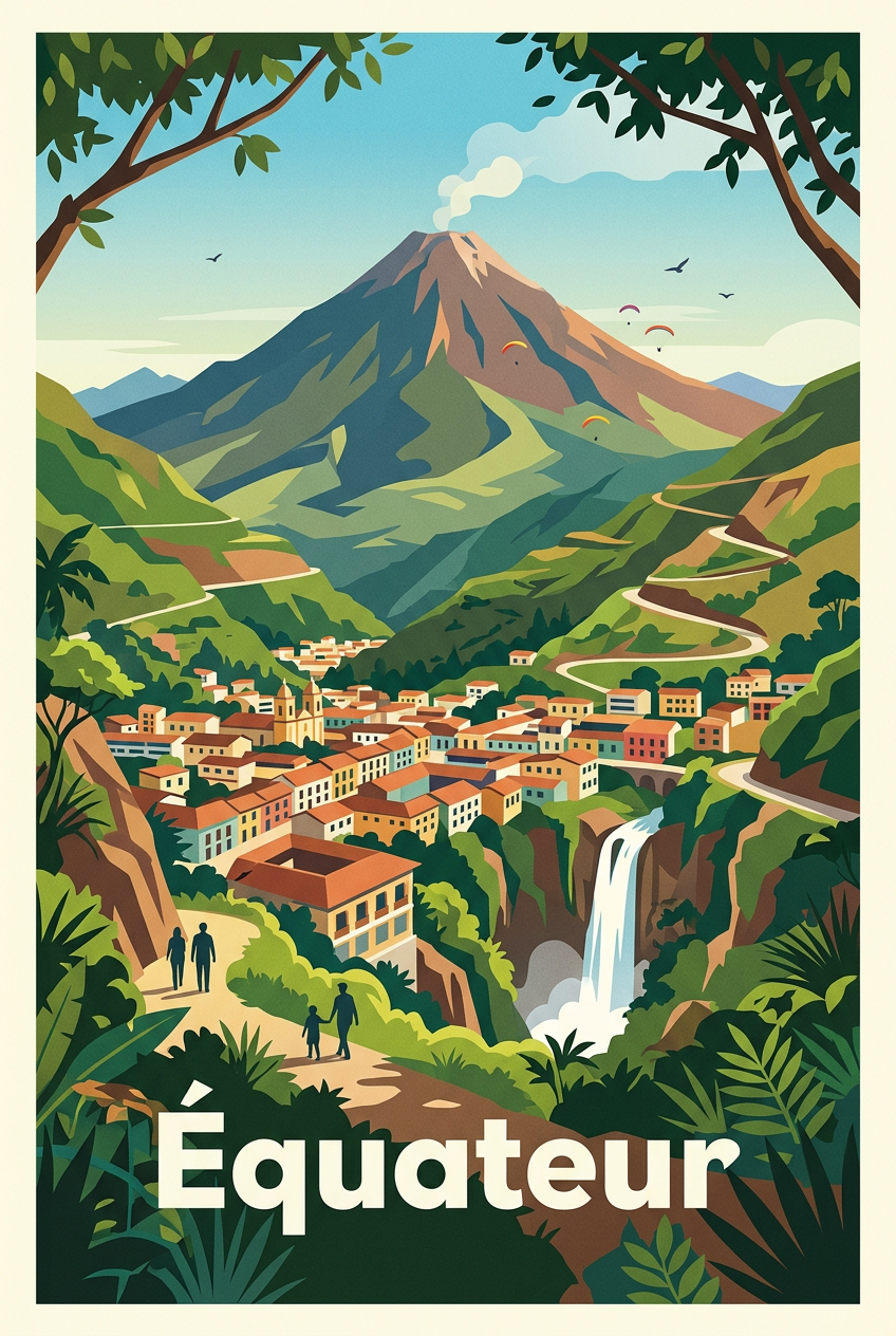Affiche de l'Équateur, poster volcan et cascade