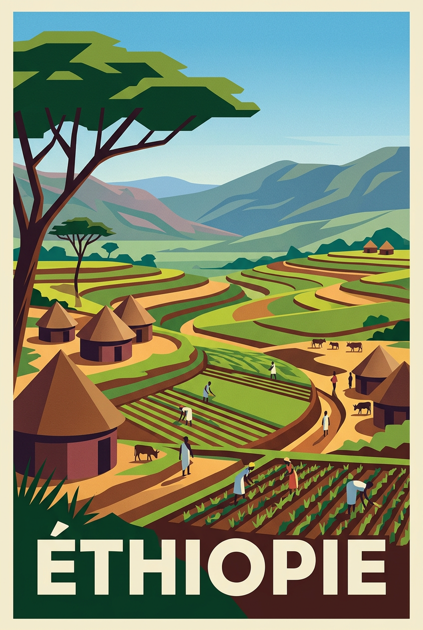 Affiche d'Éthiopie, paysage de terrasses agricoles