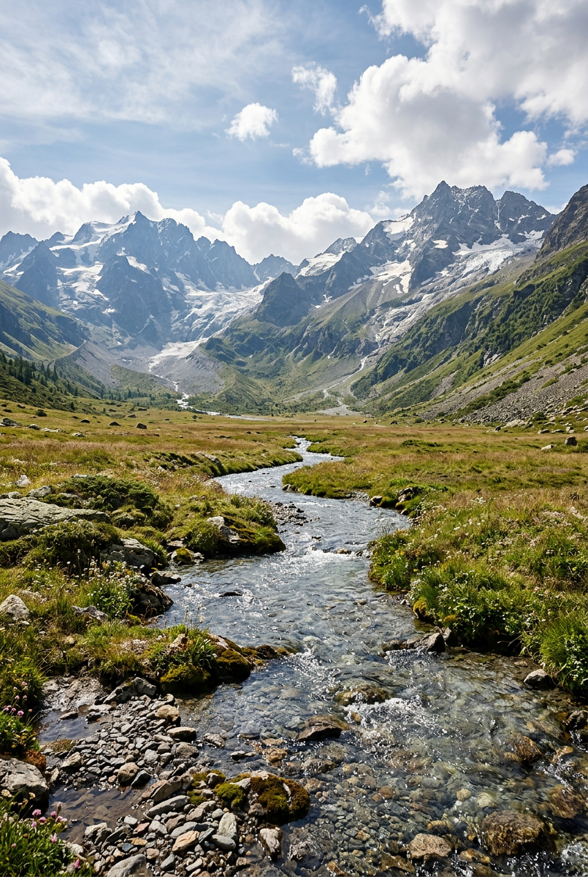 Affiche de haute montagne, torrent et glacier