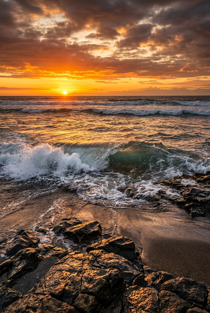 Affiche de coucher de soleil, poster vagues et rochers