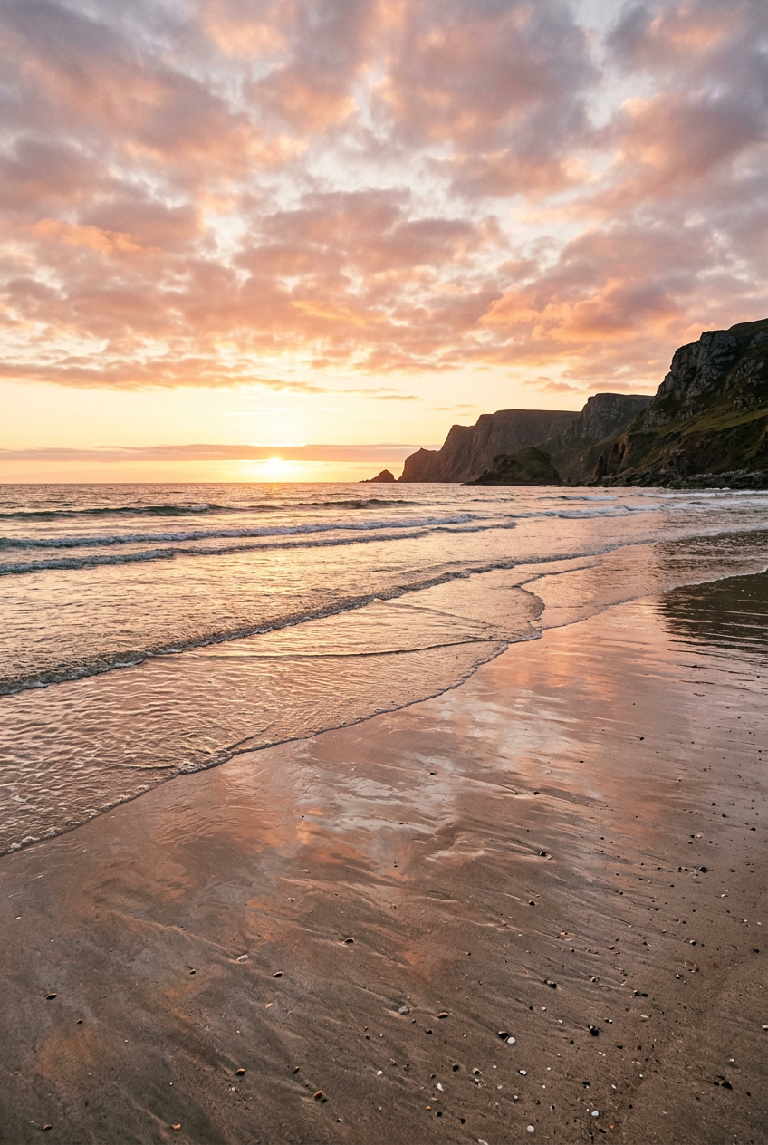 Poster de bord de mer, coucher de soleil et falaises