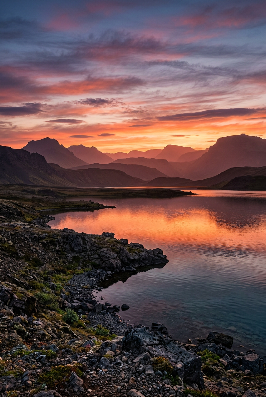 Affiche d'Islande, coucher de soleil montagnes