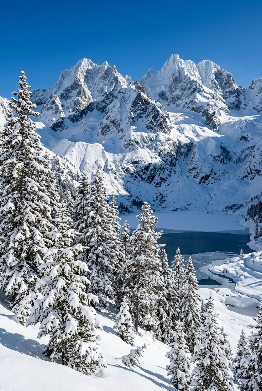 Affiche de montagne enneigée, poster lacs gelés