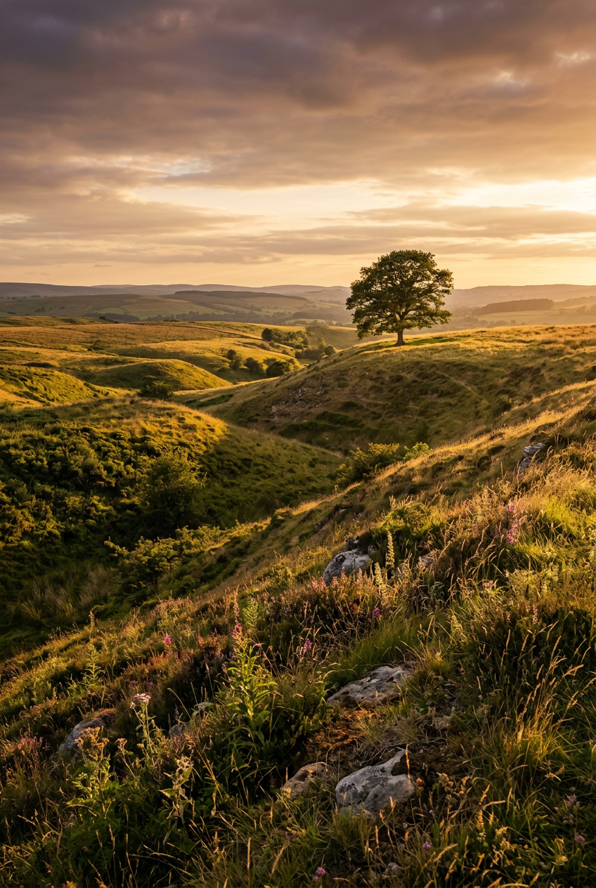 Poster de paysage, vallonné et arbre solitaire