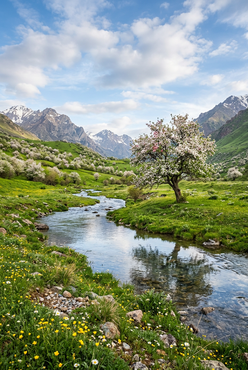 Poster Paysage de montagne, cerisier fleuri