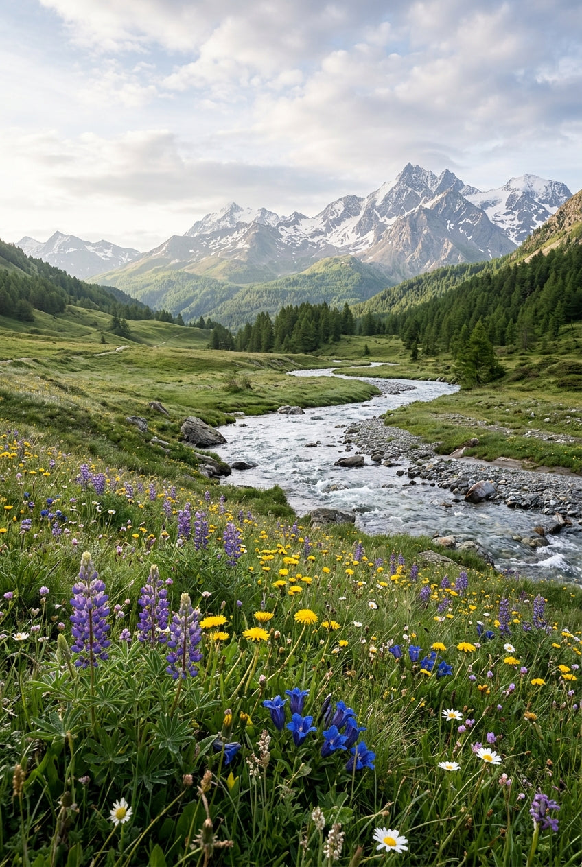 Affiche de Montagne, fleurs alpines et rivière
