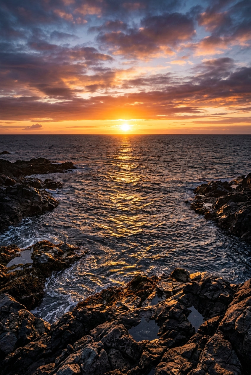 Affiche de coucher de soleil, poster mer et rochers