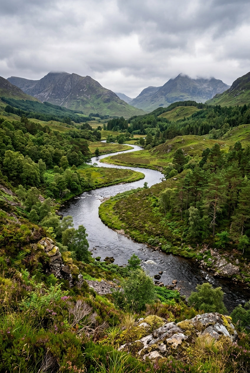 Affiche d'Ecosse, rivière sinueuse en montagne