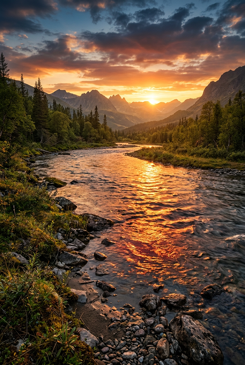 Poster de montagne au coucher du soleil, rivière