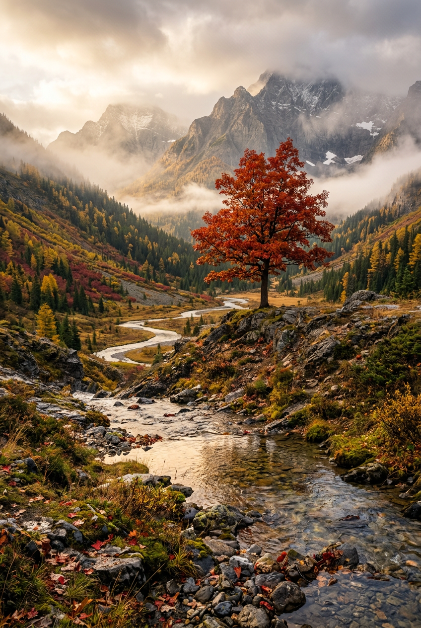 Poster Paysage d'Automne, rivière et arbre rouge