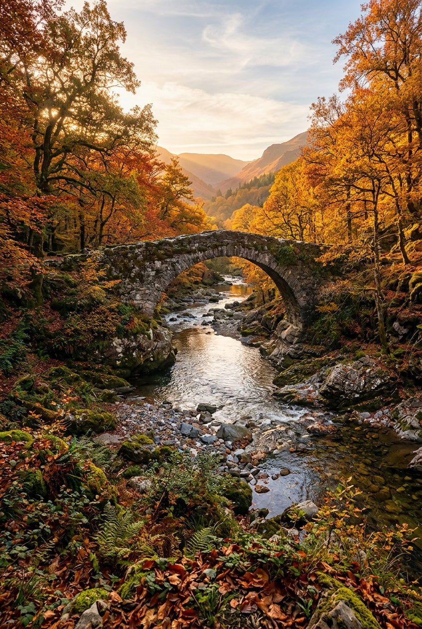 Affiche de pont en pierre, poster forêt automnale