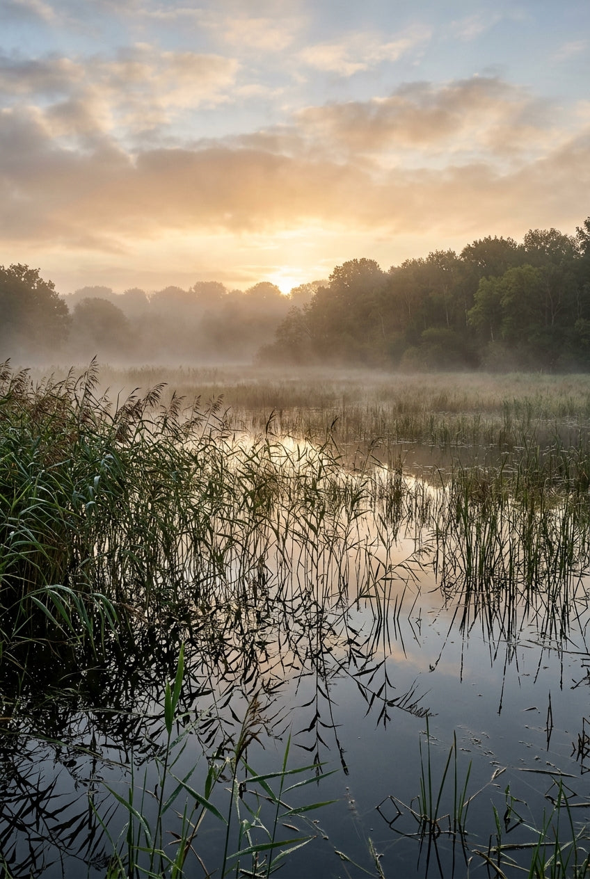 Poster de marais, paysage brume matinale