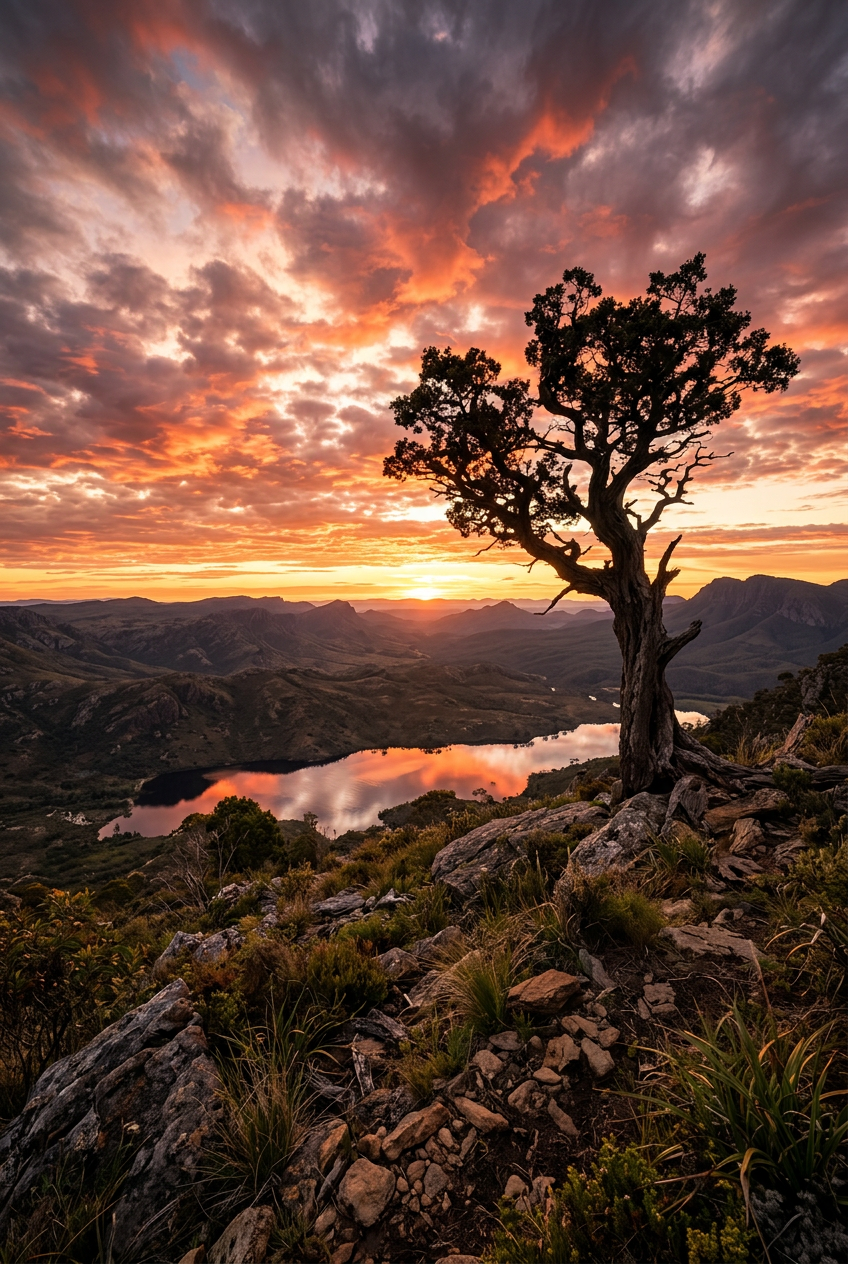 Poster de paysage de montagne, lac et soleil
