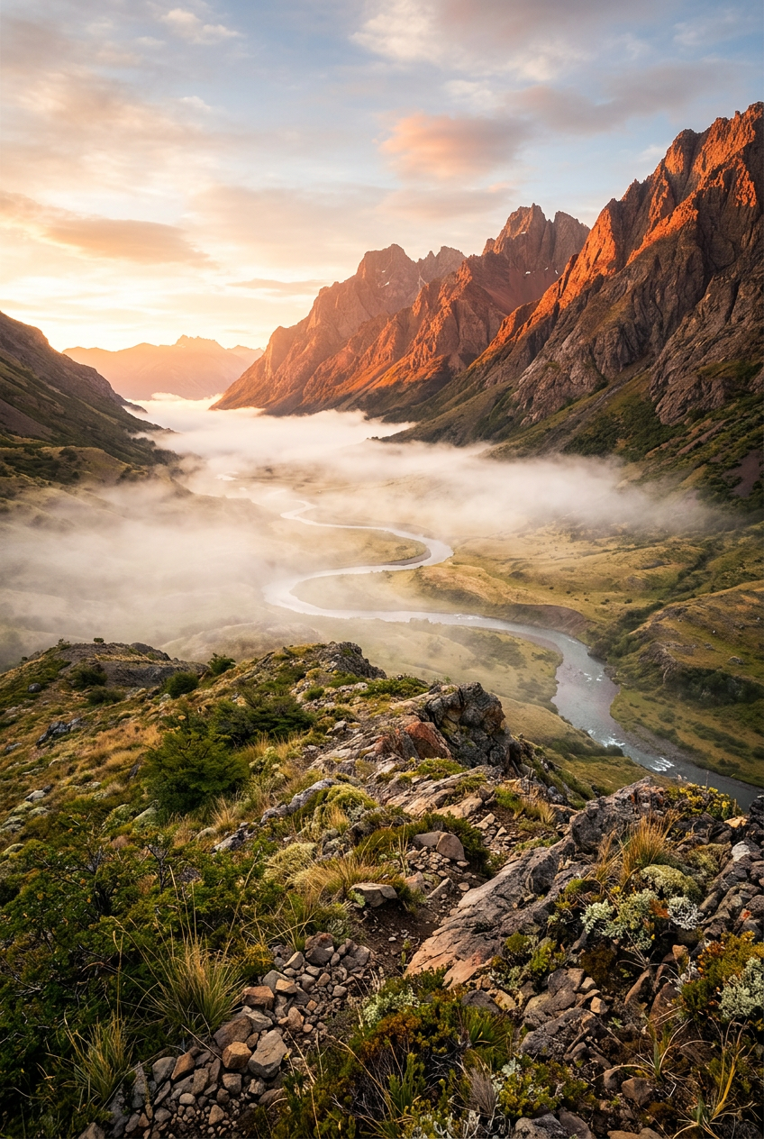 Affiche de Patagonie, poster montagnes et brume