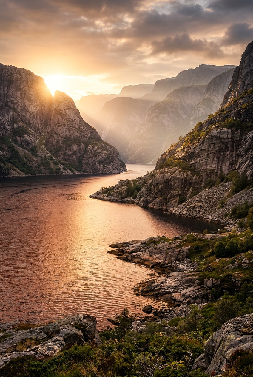 Affiche de fjord en Norvège, poster soleil couchant