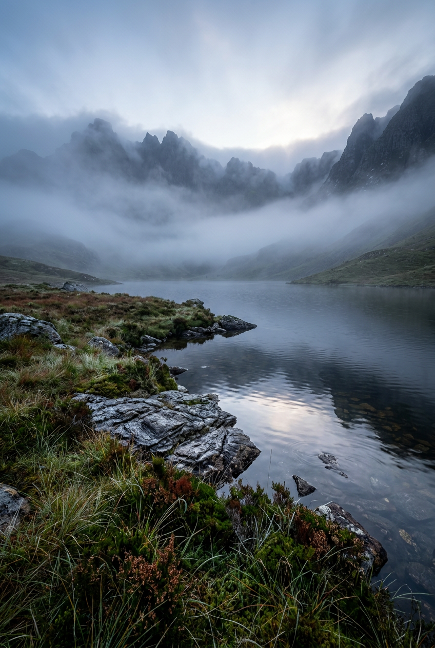 Affiche de montagne, brume sur le lac