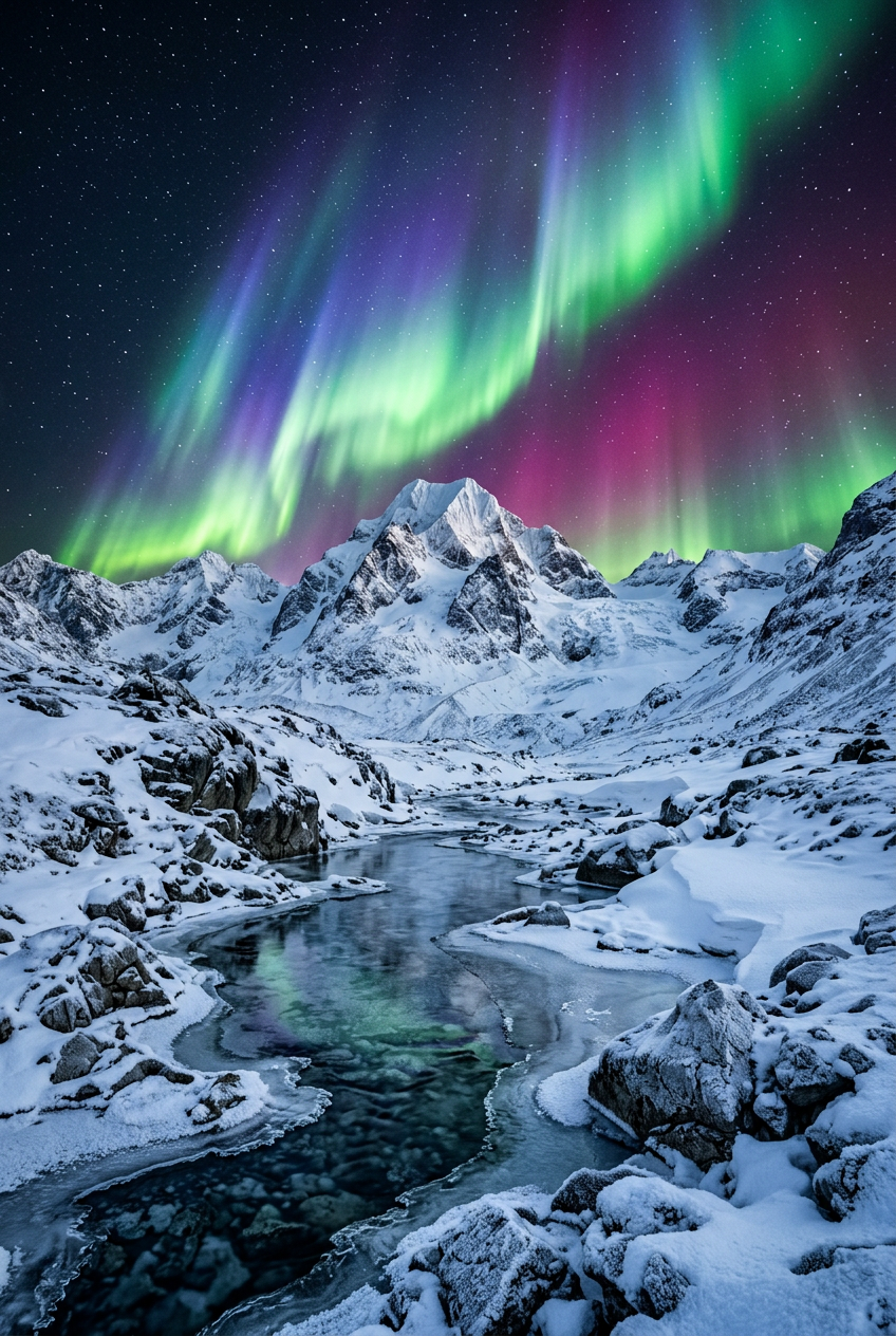 Poster d'une aurore boréale, paysage de montagne