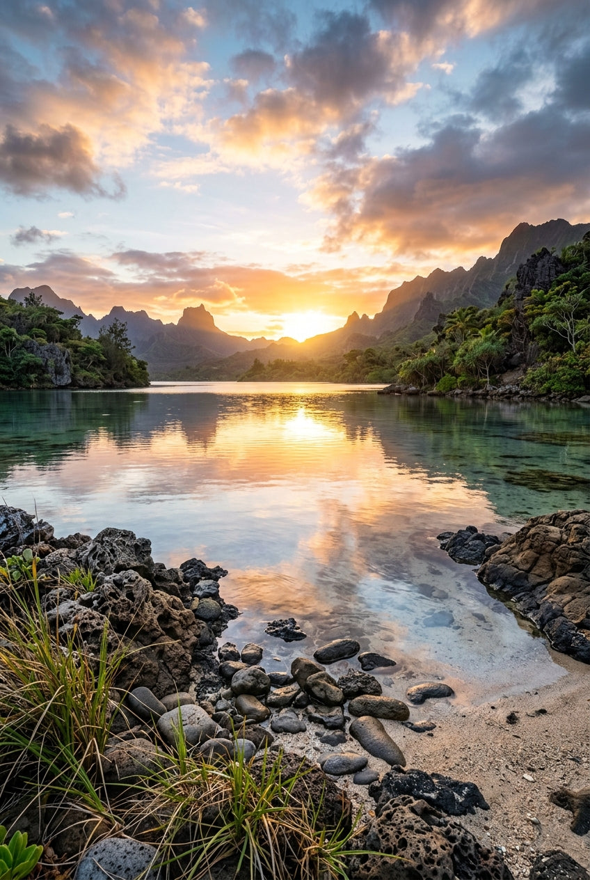 Affiche de Polynésie, coucher de soleil sur le lagon