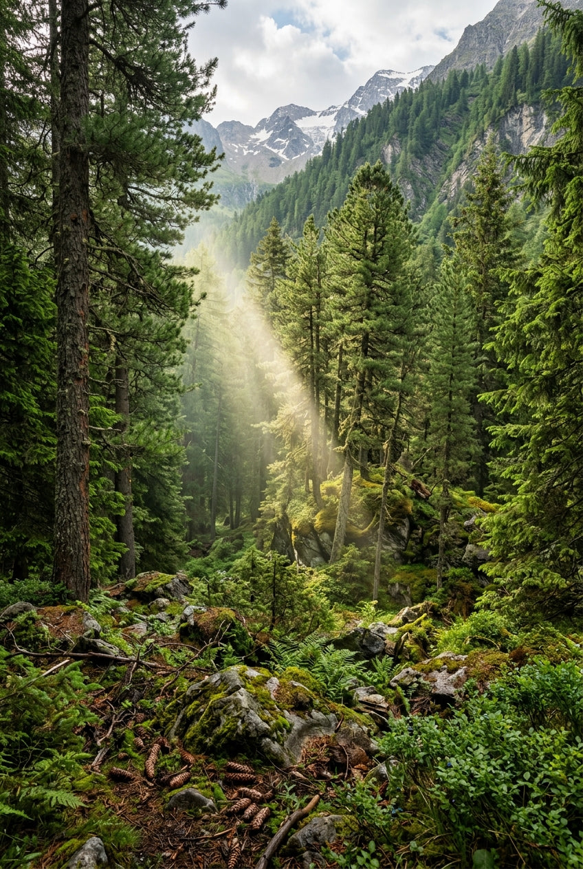 Poster de forêt de montagne, rayons de soleil
