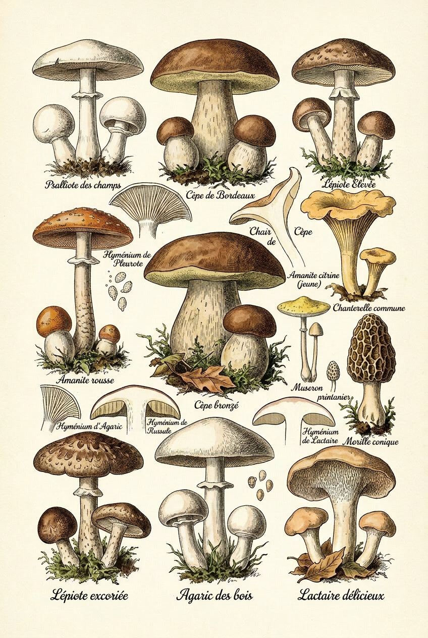 Affiche de Champignons, poster de cuisine vintage