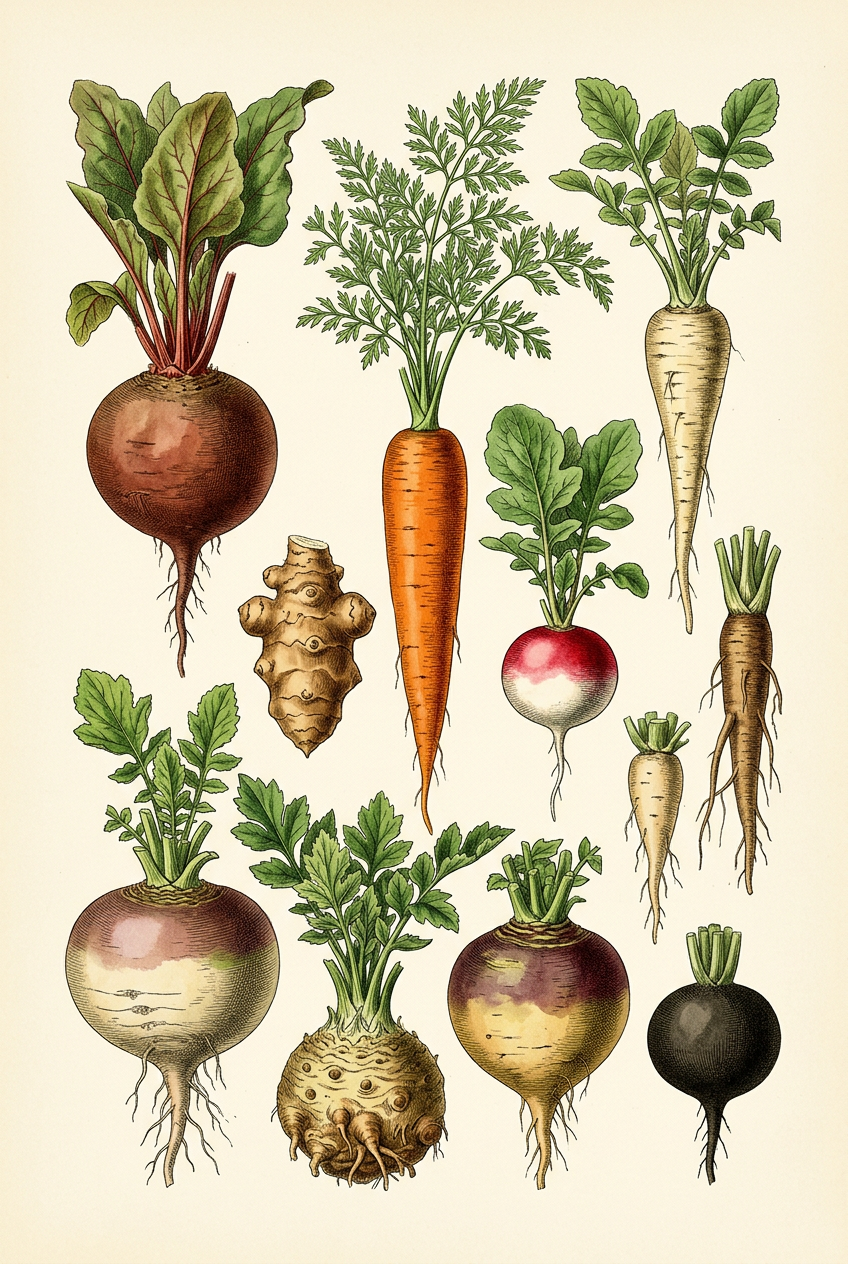 Affiche de légumes racines, poster botanique