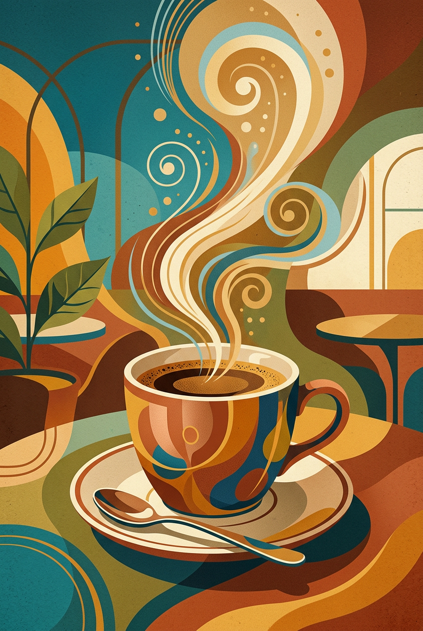 Affiche de café, poster volutes colorées