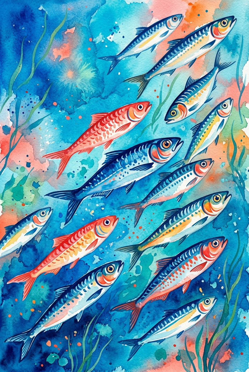 Affiche de sardines, poster poissons aquarelle