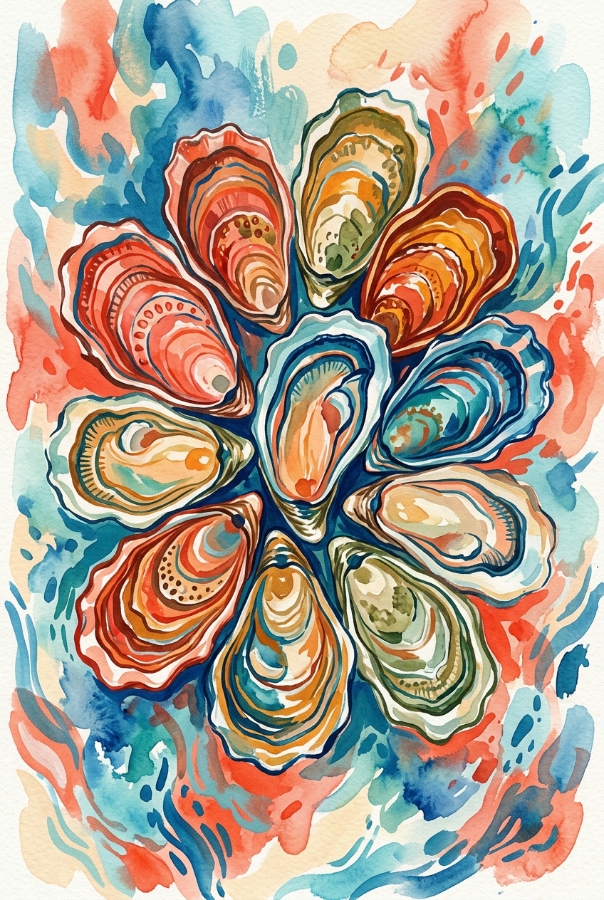 Affiche d'huîtres, poster aquarelle colorée