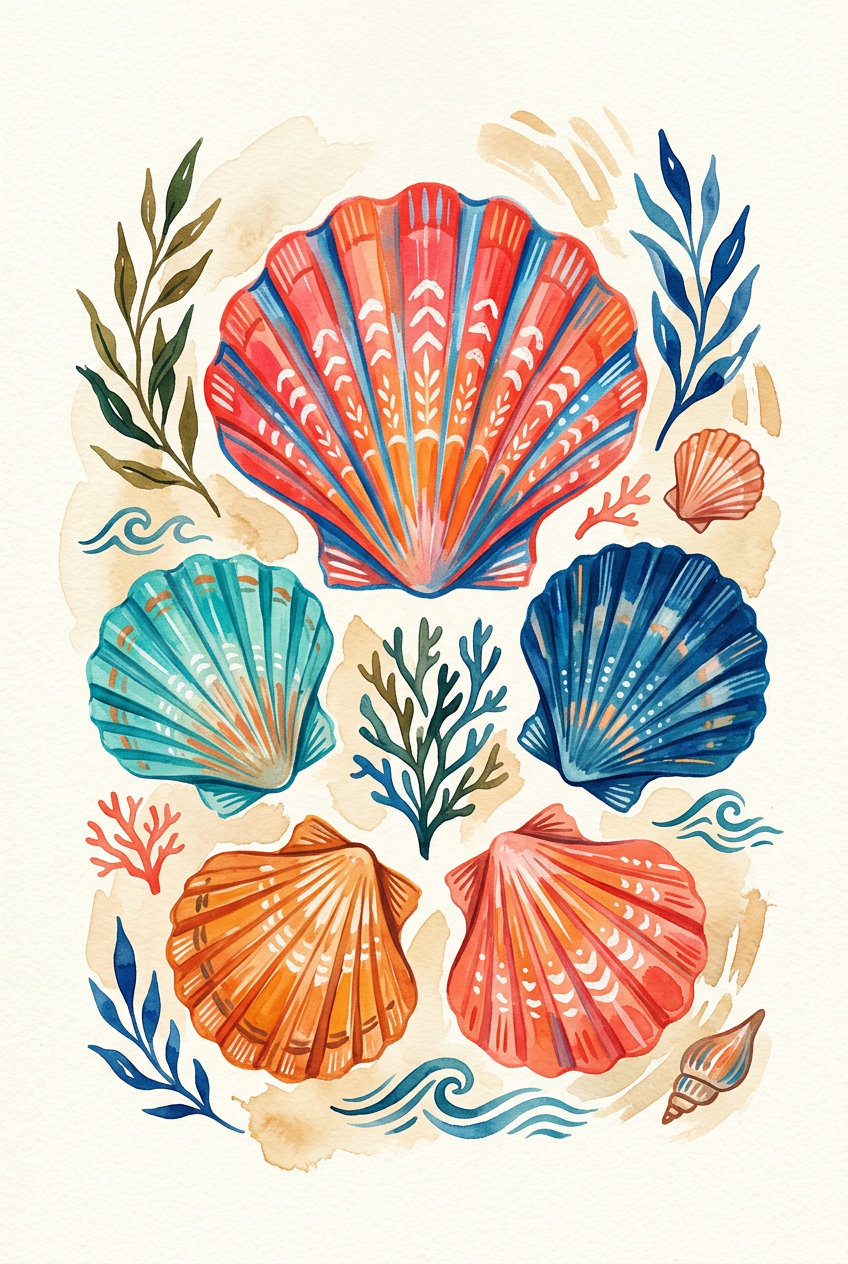 Affiche de Coquillages, poster aquarelle marine