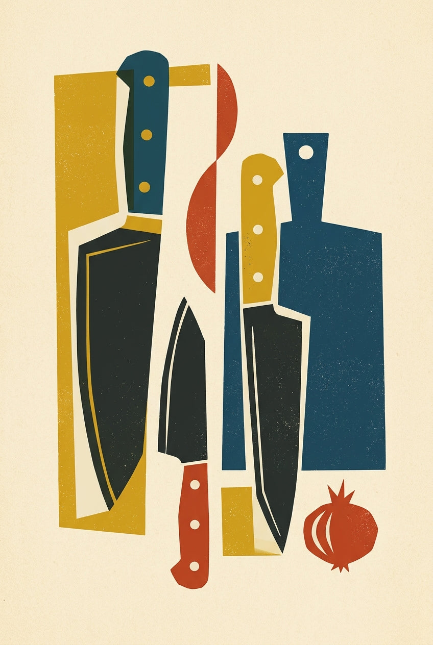 Affiche de cuisine, poster couteaux et oignon