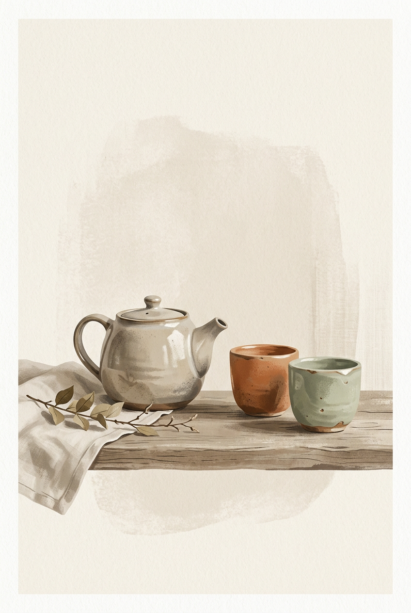 Affiche de théière, poster céramique et bois