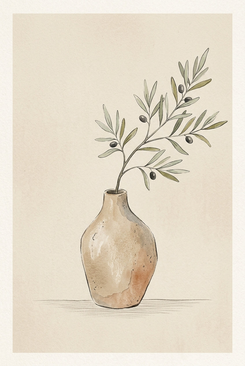 Affiche de branche d'olivier, poster vase en terre cuite