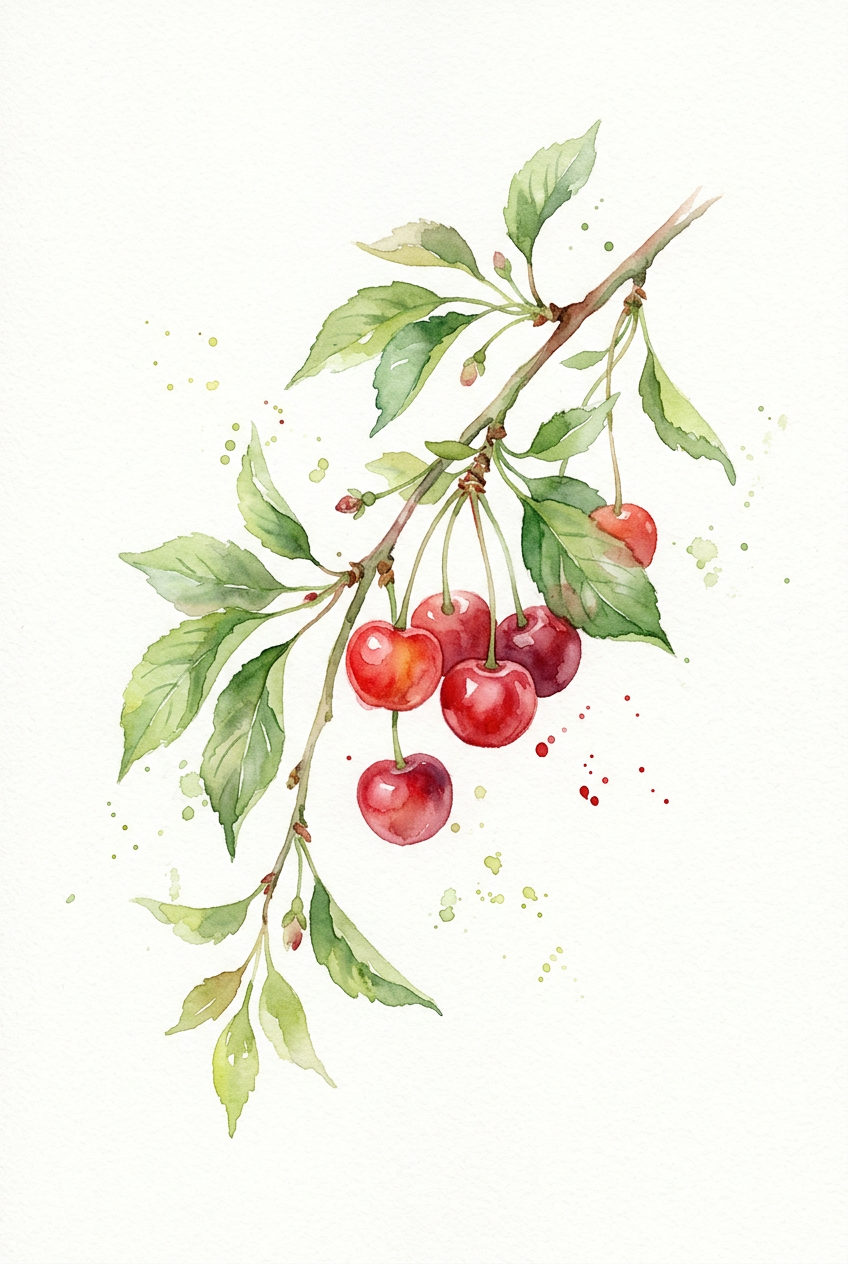 Affiche de cerises, poster branche aquarelle