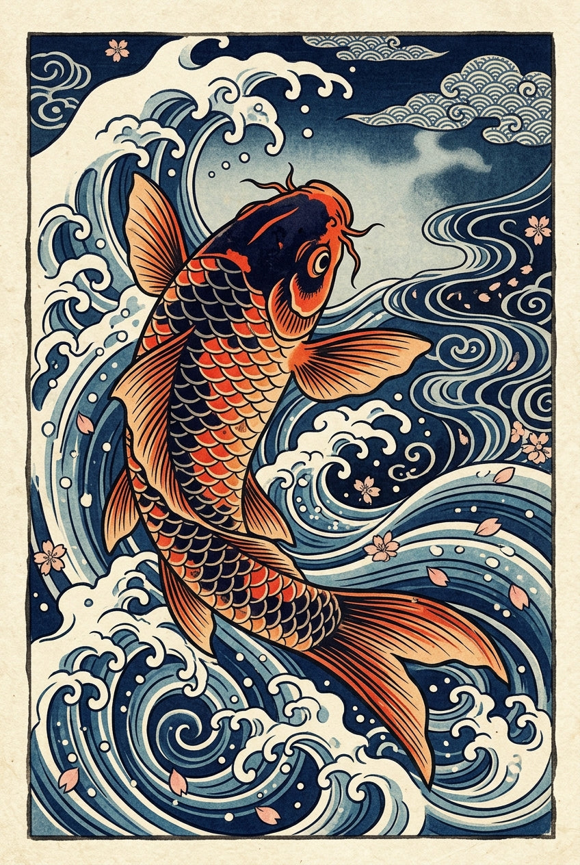 Affiche carpe Koï, poster vagues japonaises