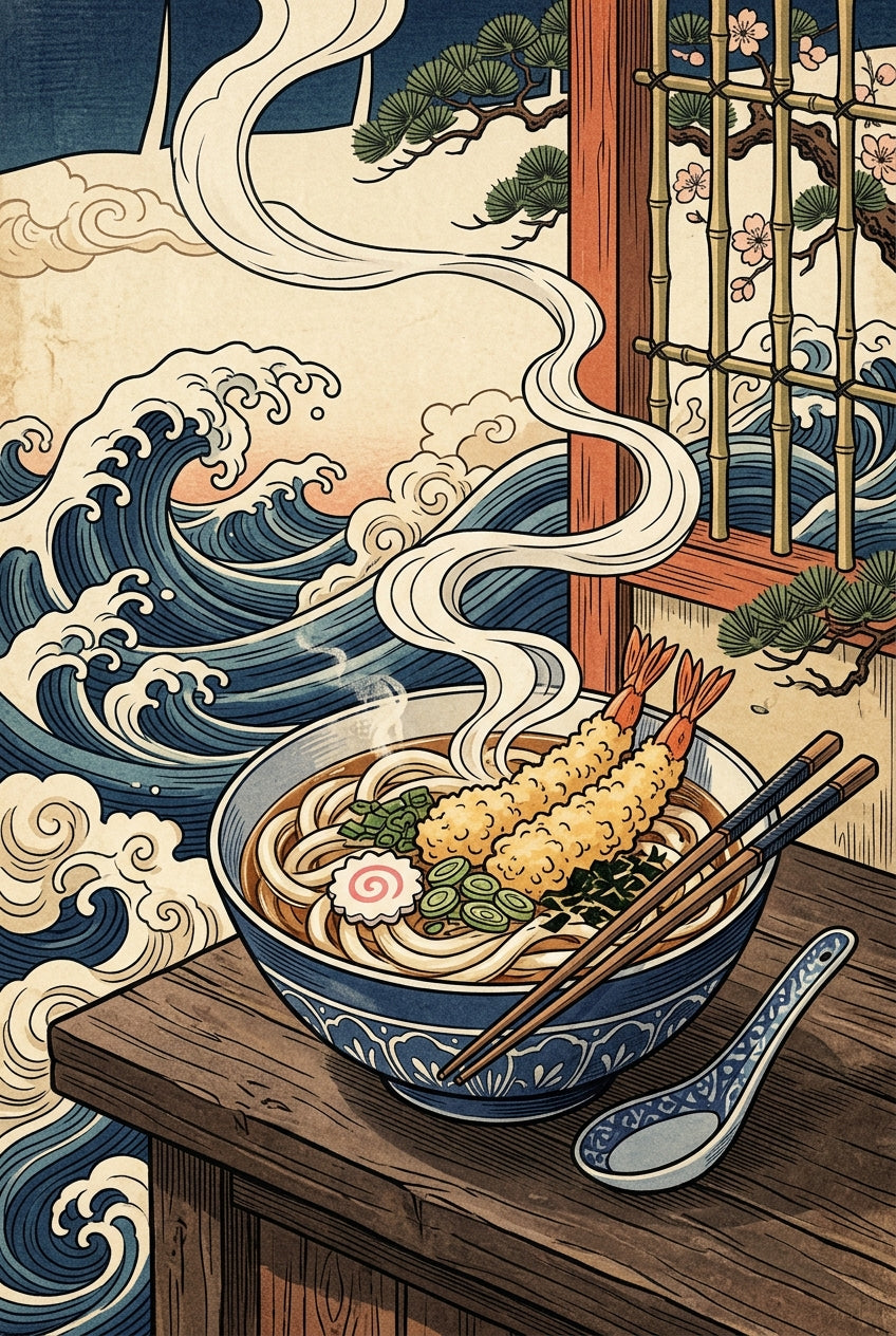 Affiche de Ramen japonais, poster style Ukiyo-e